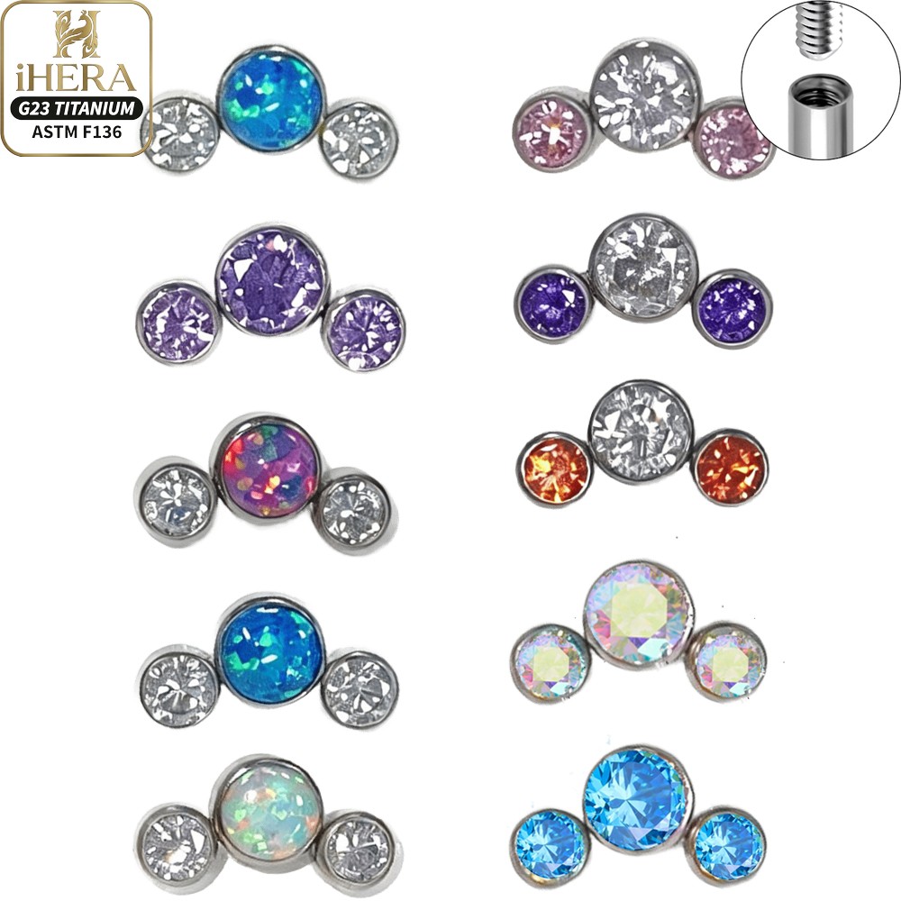 Body Jewelry Internally Threaded - ASTM F136 Titanyum Kavisli Üçlü Taş