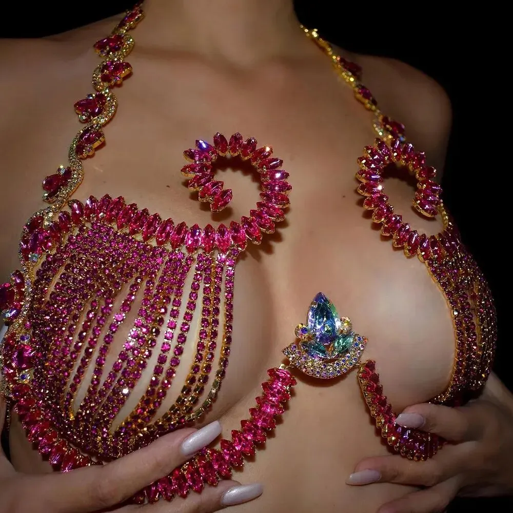 Body Jewelry Retainers - Rave pembe kristal göğüs dirsek seksi